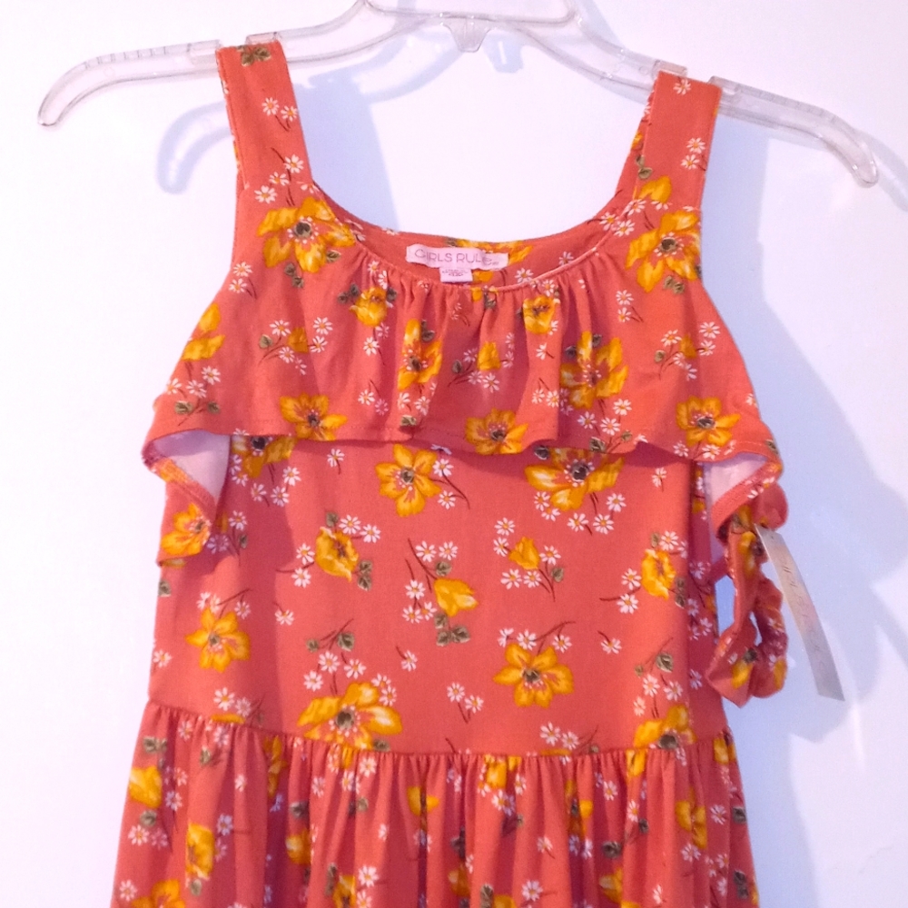 💚 Girls Rule Orange Multicolor Floral Sleeveless Ruffle Neck Dress/Hair bow 12
